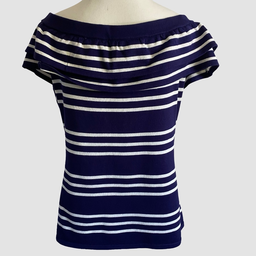 Pointelle Navy/White Double Ruffle Shoulder Coastal Nautical Casual Knit Top-XL